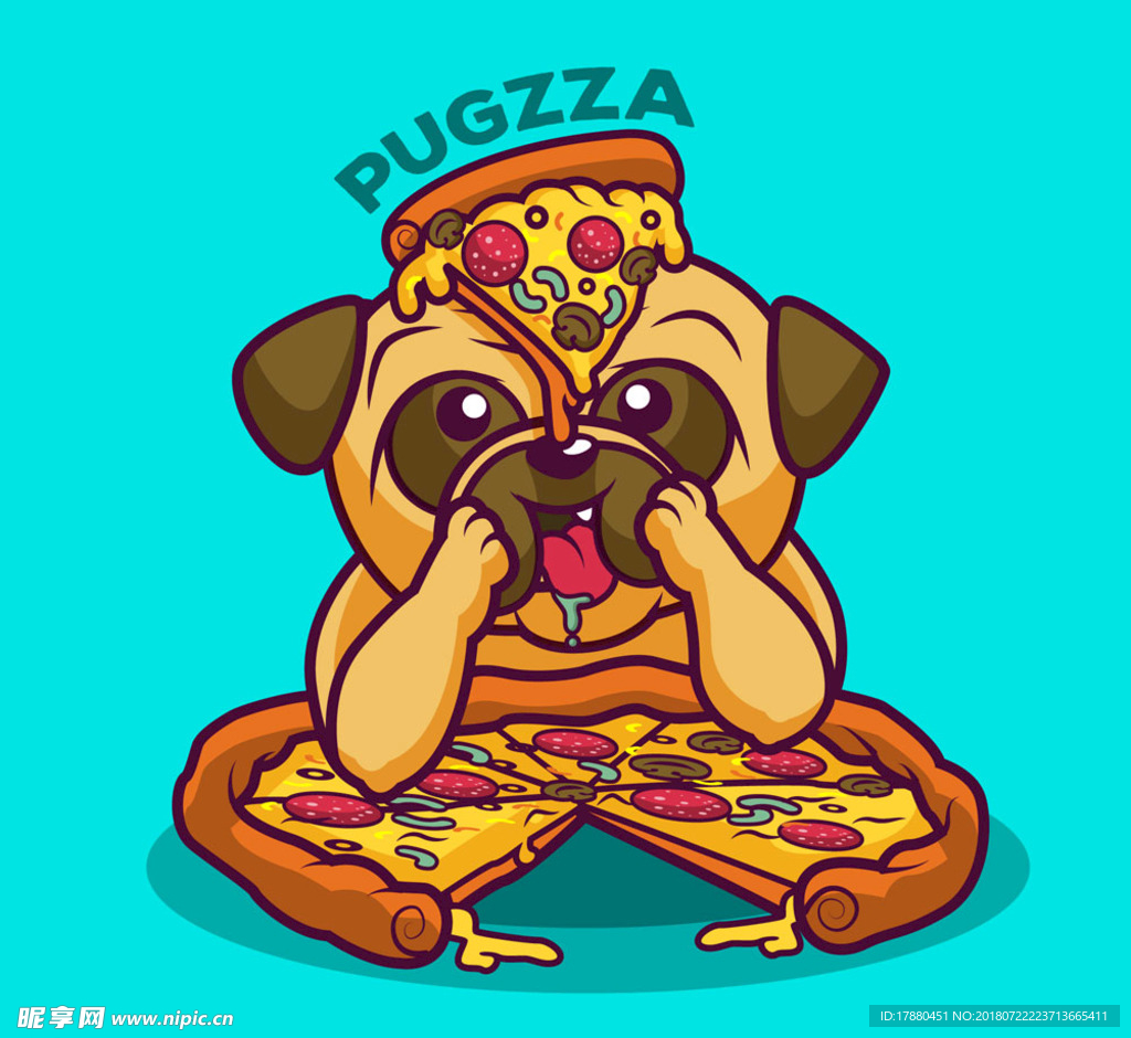卡通吃披萨的巴哥犬