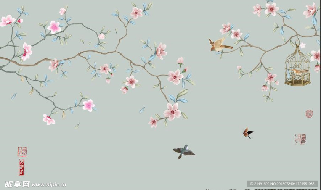 中式花鸟背景墙