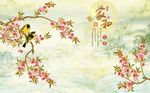 中式石纹家和富贵花鸟山水背景墙