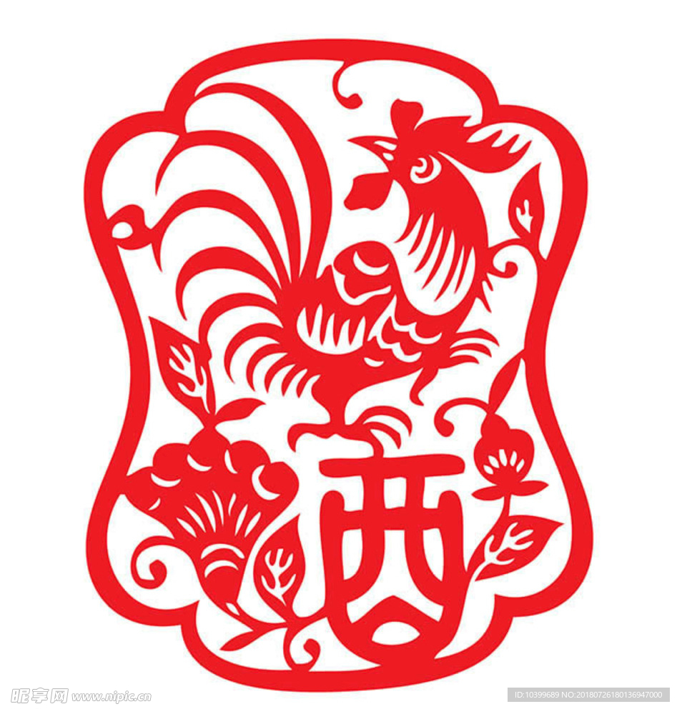 十二生肖鸡年公鸡剪纸矢量素材