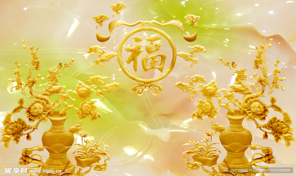 花开富贵家和万事兴玉雕背景墙