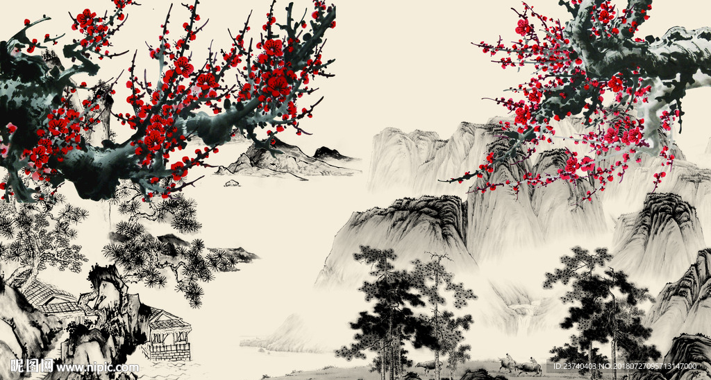 国画梅花背景墙