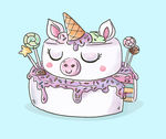 水彩独角兽生日蛋糕矢量