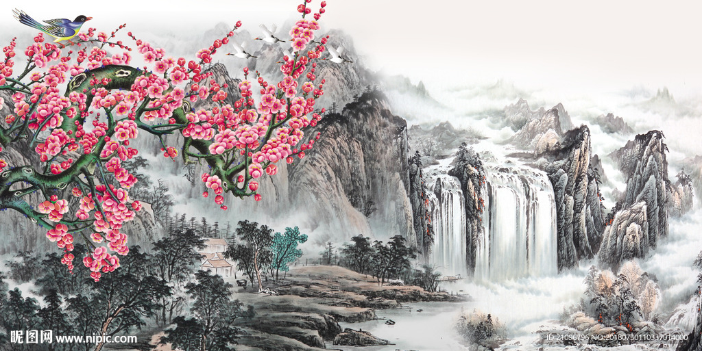 国画梅花背景墙