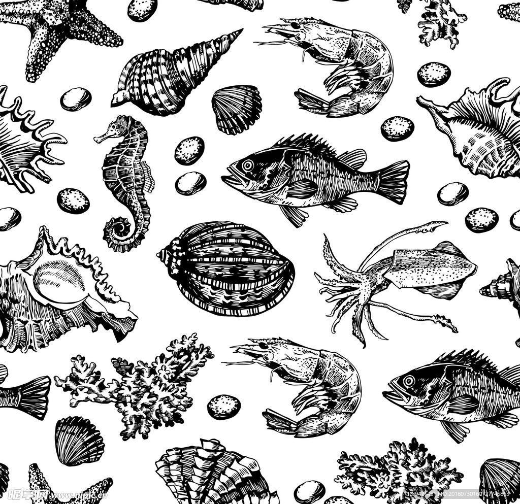 手绘海洋生物背景图片-手绘海洋生物背景素材图片-千库网