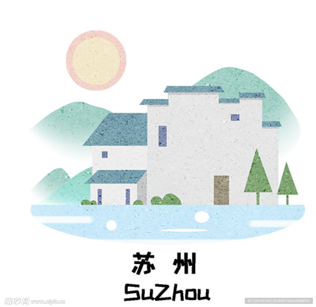 卡通苏州地标建筑插画