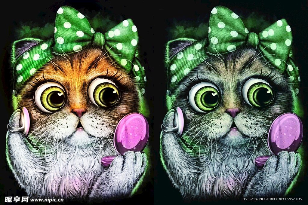 猫 手绘  绿色蝴蝶结 画妆