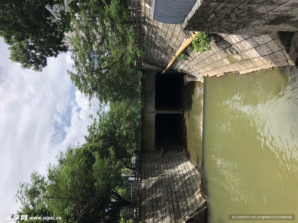 河堤小河城市绿草坪河岸风光摄影