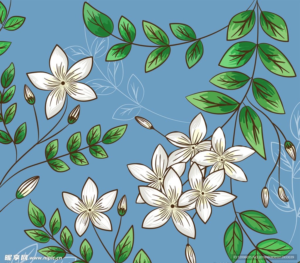 彩绘茉莉花花枝矢量素材