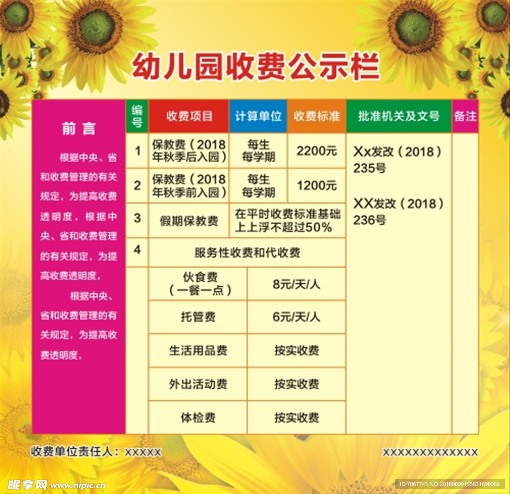 【收费通知】（公立幼儿园-芍药园）中国人民大学朝阳幼儿园，收费通知书、伙食管理、教育收费公示表、营养食谱