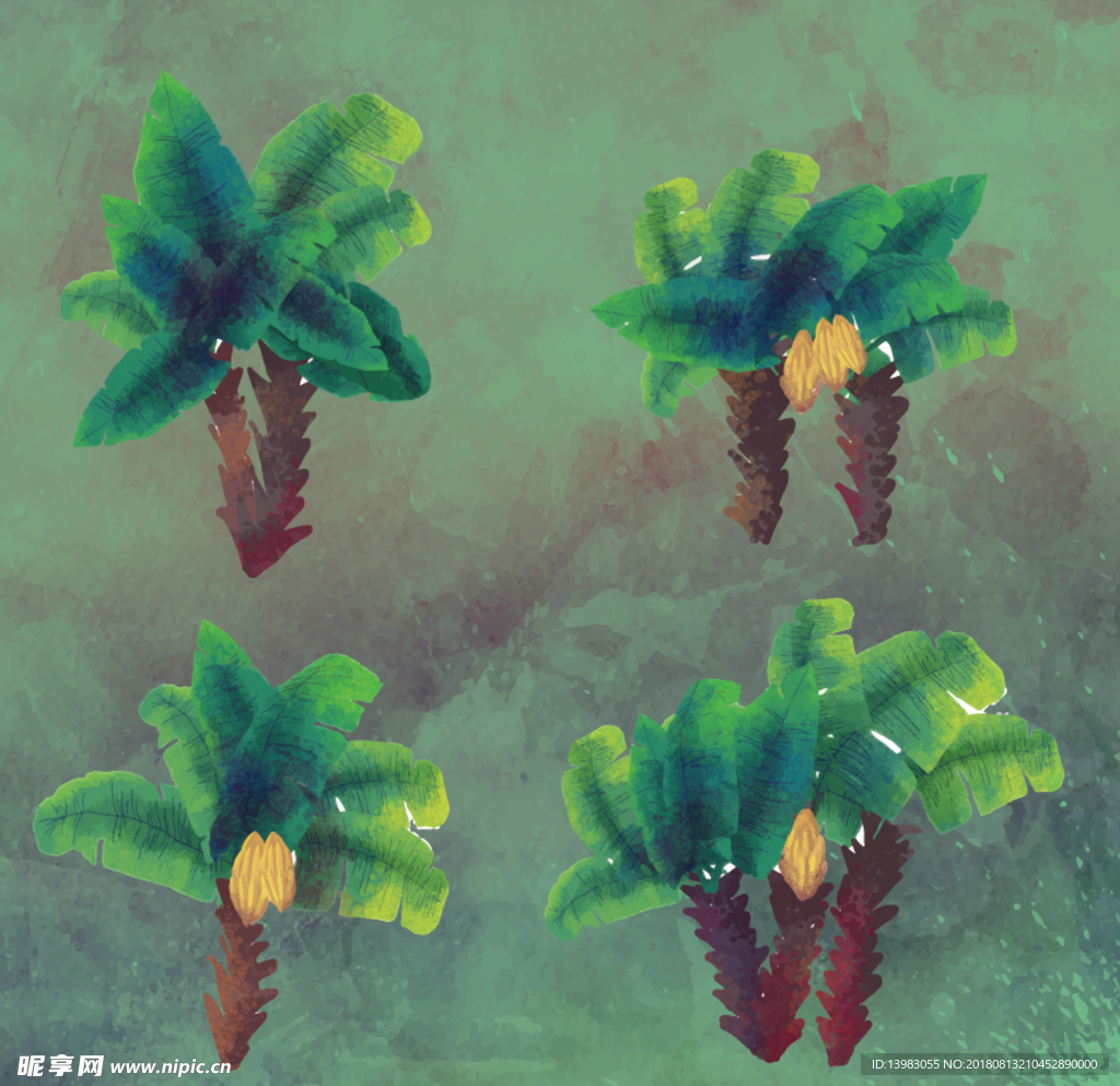 水彩绘绿色棕榈树