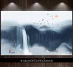 新中式水墨山水飞鸟意境背景墙