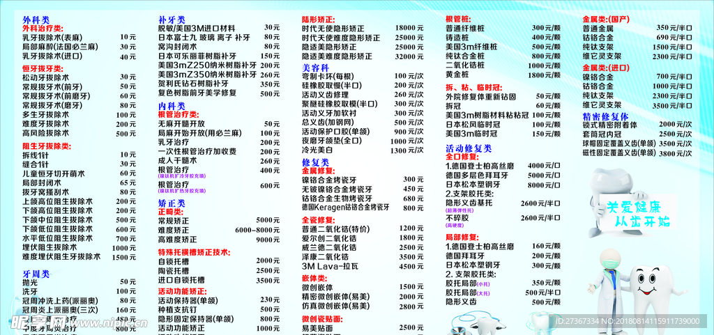牙科价目表