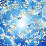 创意天空白云飞鸟树枝顶画背景底