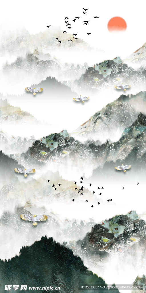 日出山水水墨立体创意玄关屏风背