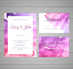 3款紫色水彩绘婚礼邀请卡矢量图