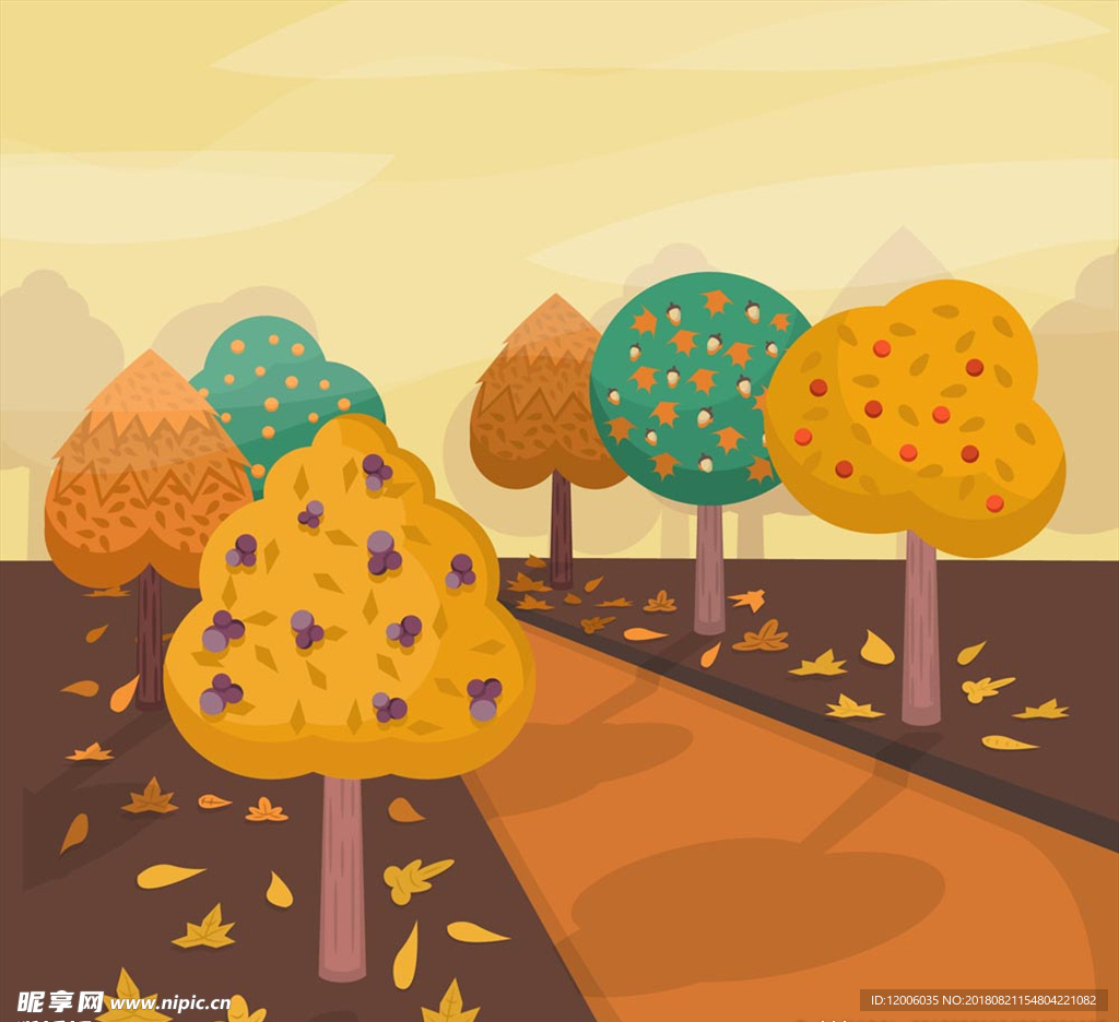 卡通秋季树木道路风景矢量素材