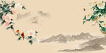 桃花水墨花鸟背景