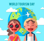扁平化世界旅游日大笑情侣矢量图