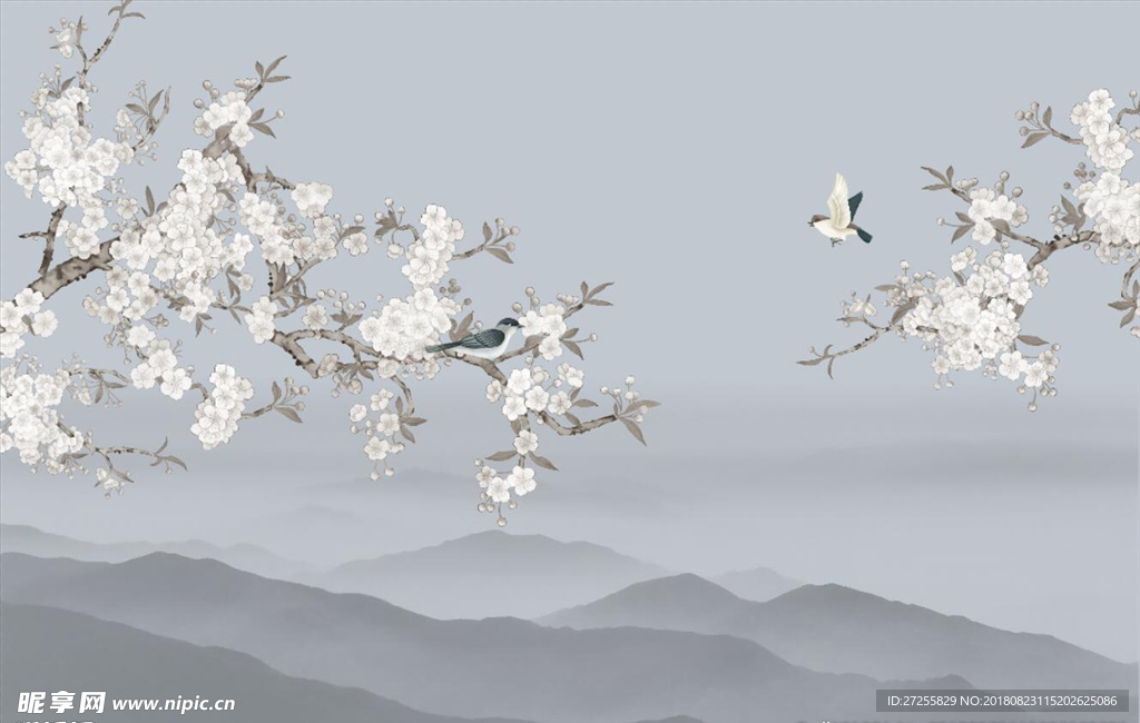 新中式手绘花鸟 远山背景墙