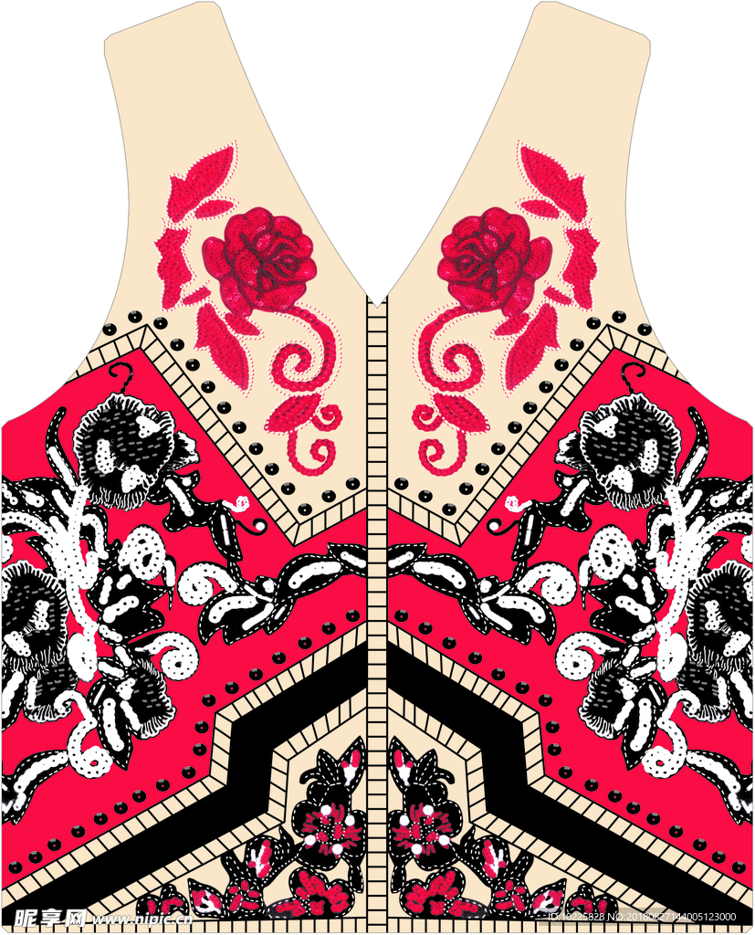 红色仿珠片花纹印花图案