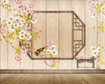 新中式梨花花鸟图木纹书桌背景墙
