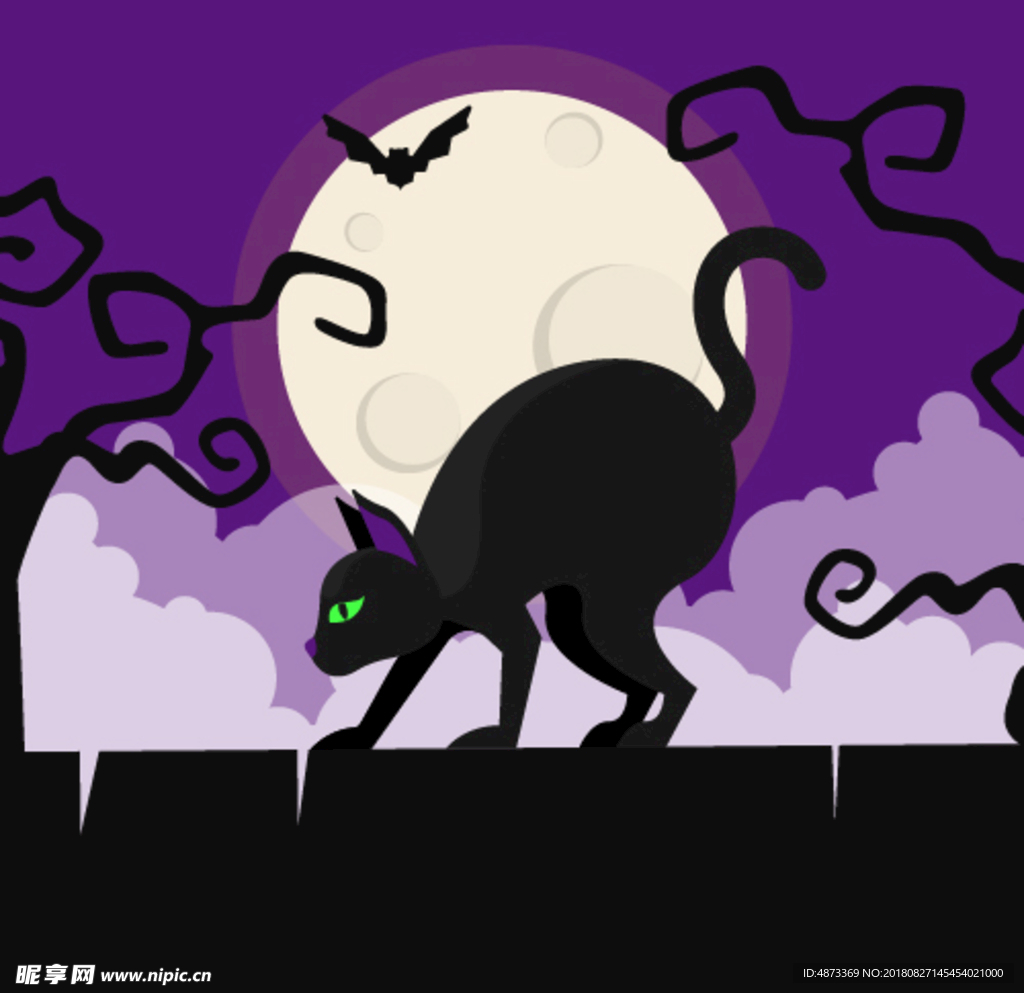 剪纸风格魔幻万圣节女巫黑猫骑扫把插画图片-千库网
