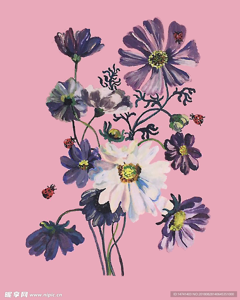 彩绘花卉T恤印花图案设计