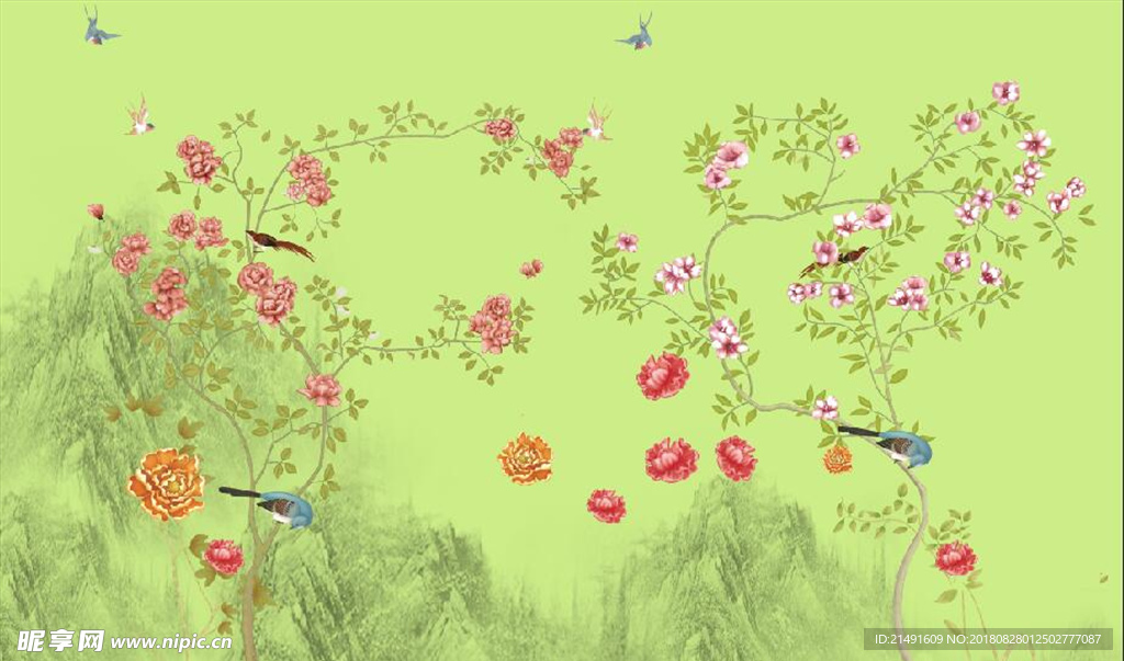 中式花鸟背景墙