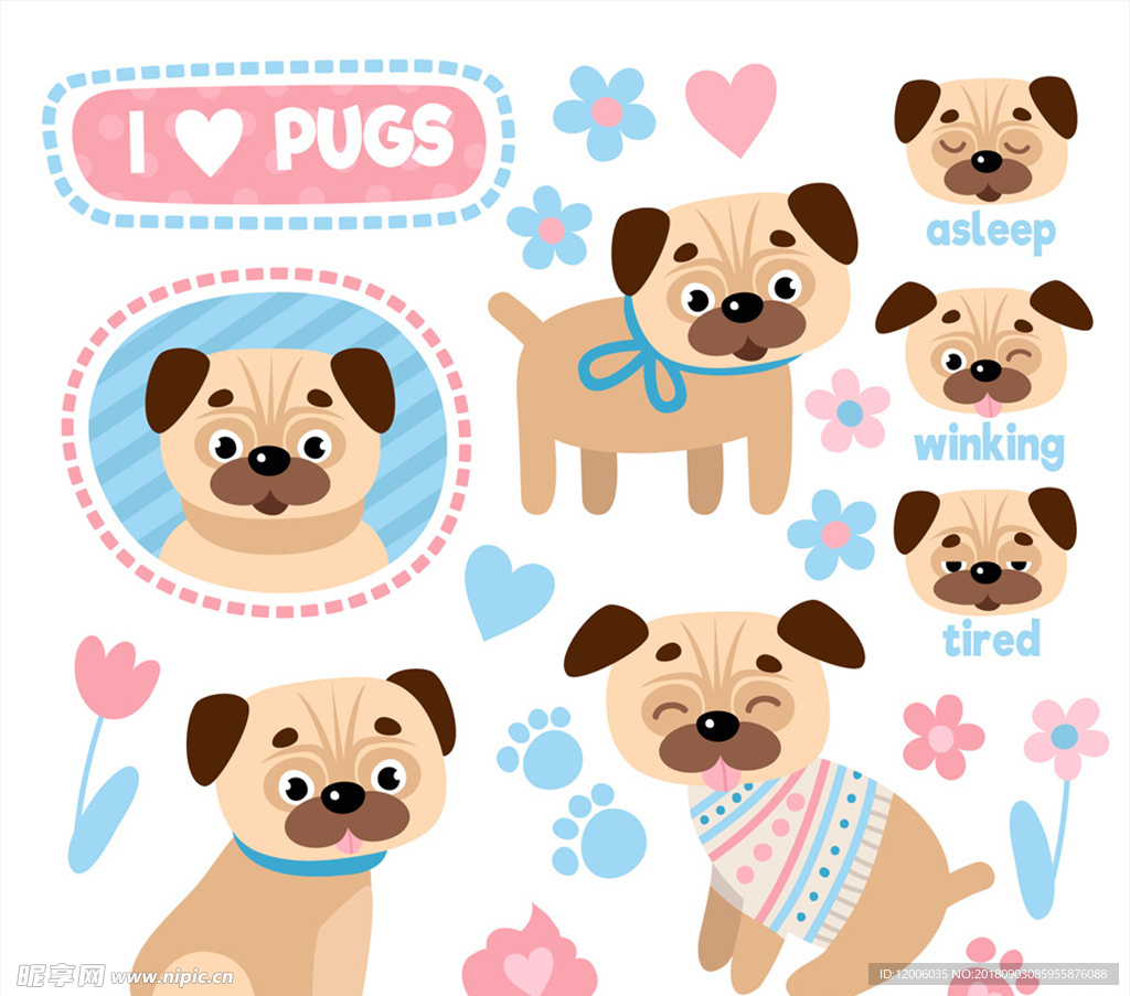 7款卡通巴哥犬矢量素材