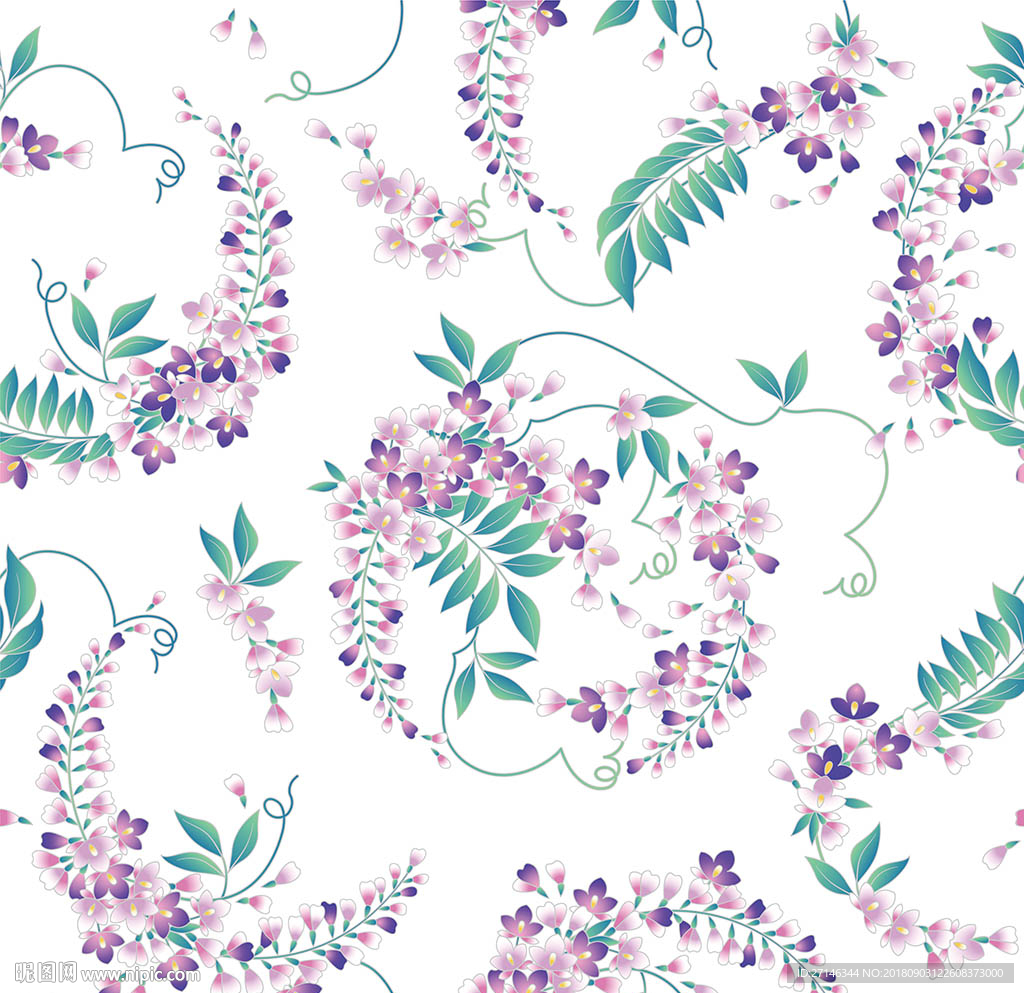 紫藤花植物矢量无缝图案