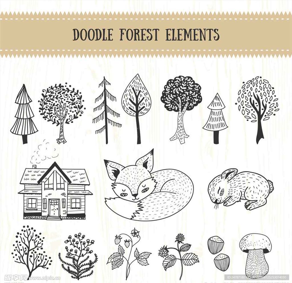 矢量手绘线稿动物森林元素