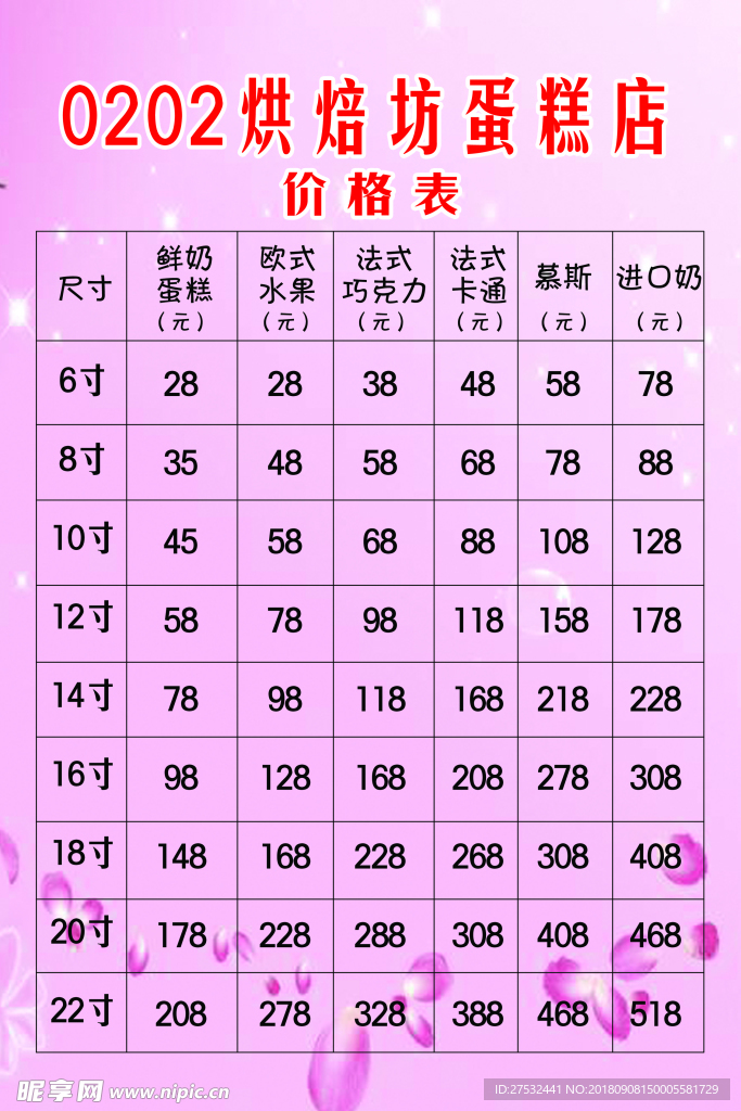 烘焙坊价格表