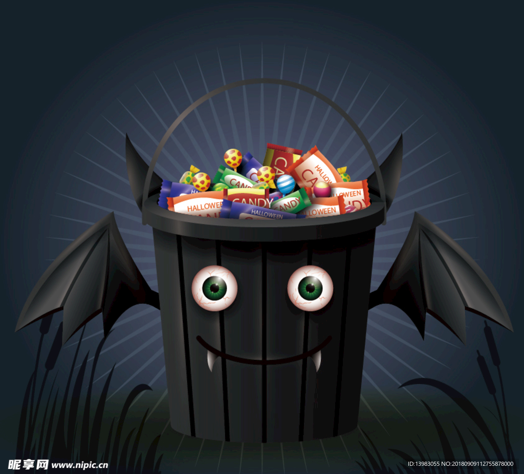 装满糖果的万圣节蝙蝠桶