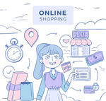 彩绘网上购物女孩插画矢量素材