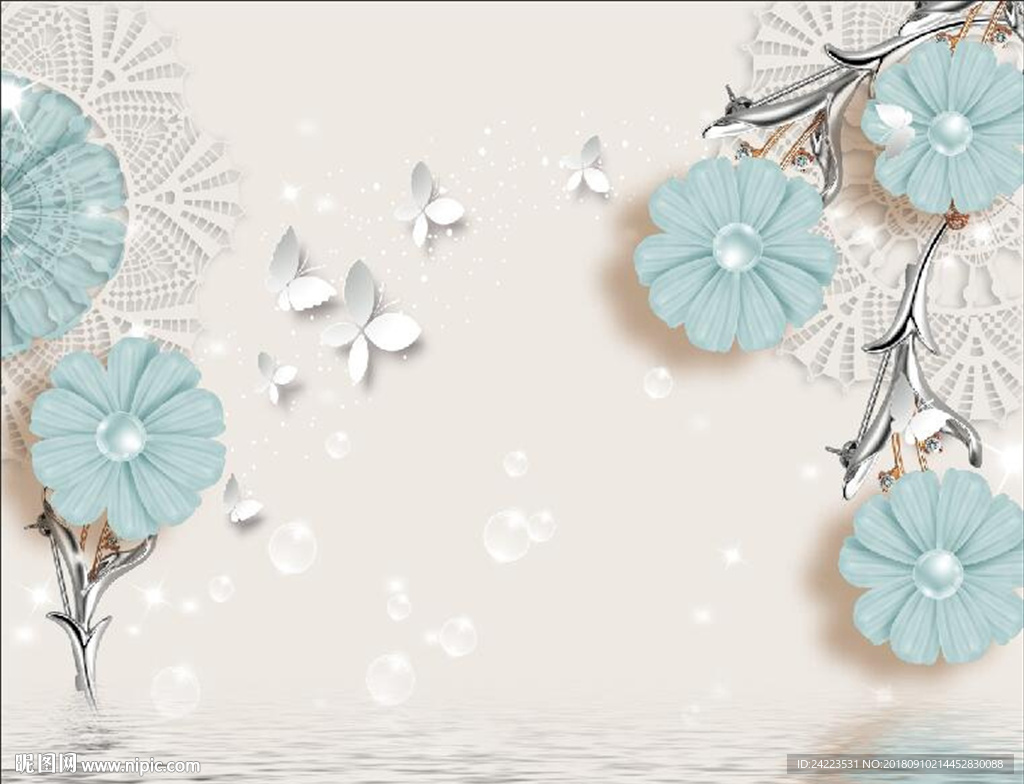 清新蓝色珍珠花白色蝴蝶背景墙