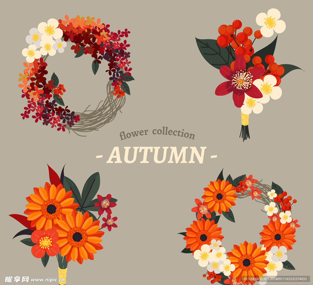 4款彩色秋季花环设计矢量素材