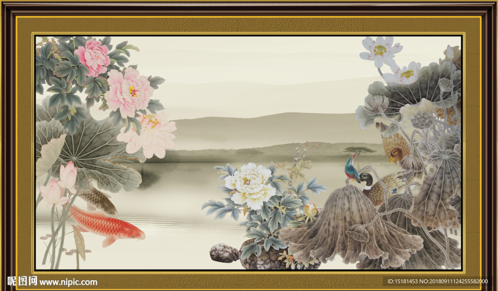 水墨荷花图 四条屏荷花 黑白荷