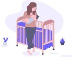 矢量彩色母亲抱孩子婴儿床