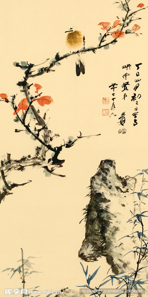 水墨花鸟水墨国画背景玄关屏风底