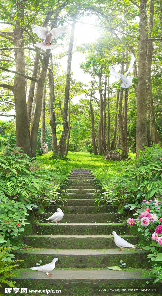 写实飞鸽树林风景艺术创意墙面背