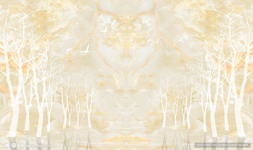 金色大理石纹白色森林背景墙壁画