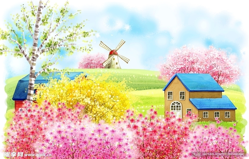 粉色童话森林小屋背景墙壁画
