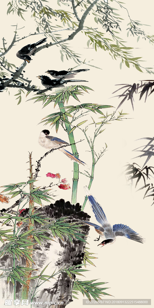 中式工笔花鸟玄关背景墙