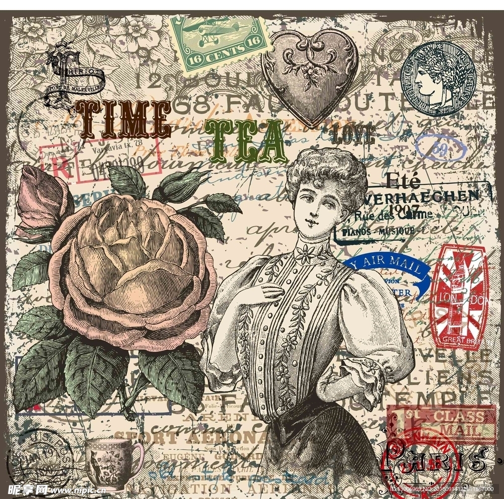 高清复古手绘玫瑰装饰画