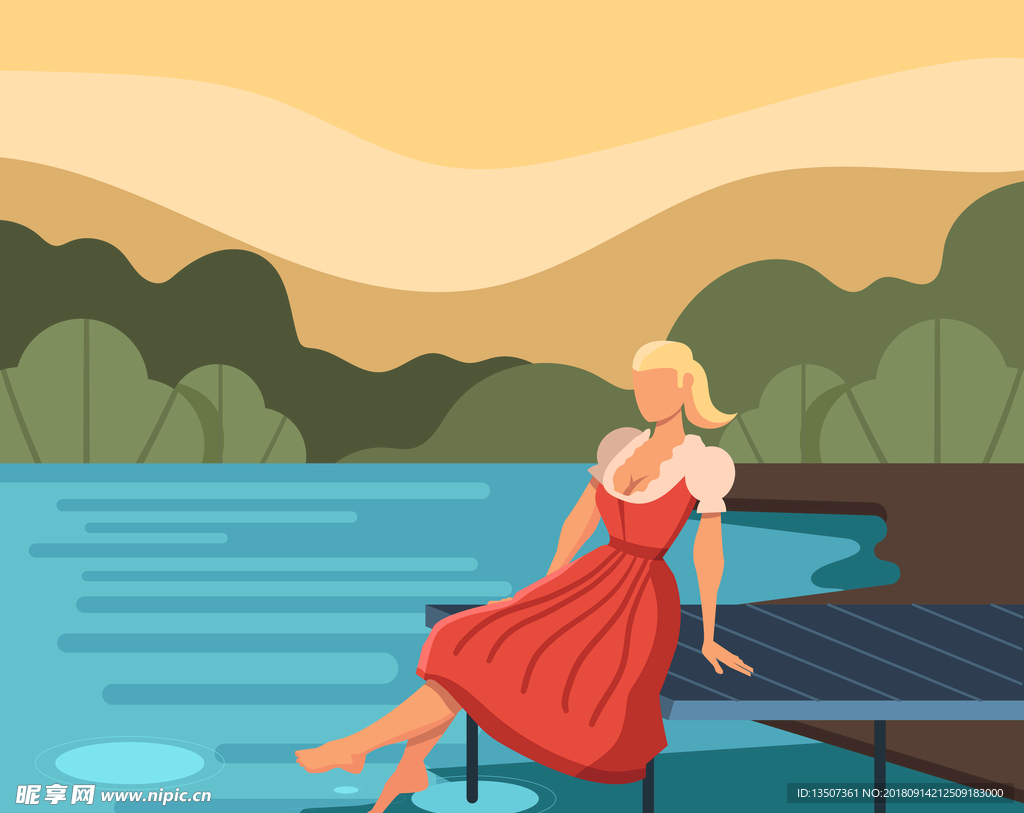 手绘坐在河边的女人插画设计AI