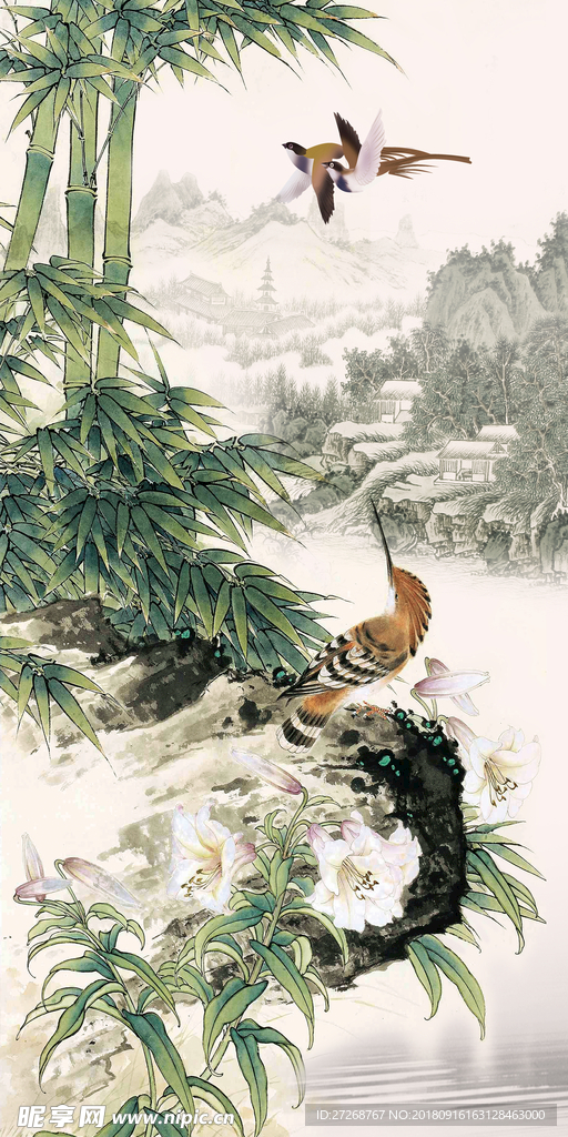 水墨山水花鸟玄关背景墙