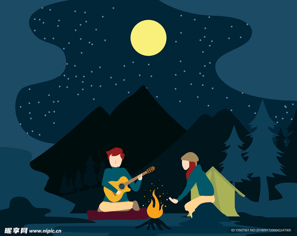 手绘一对情侣在野外露营插画设计