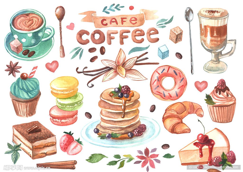 手绘蛋糕甜品咖啡插画