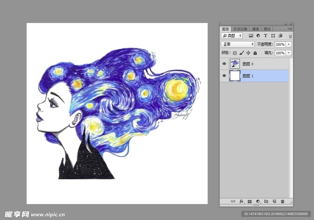 抽象扭曲宇宙发髻星空美女手绘